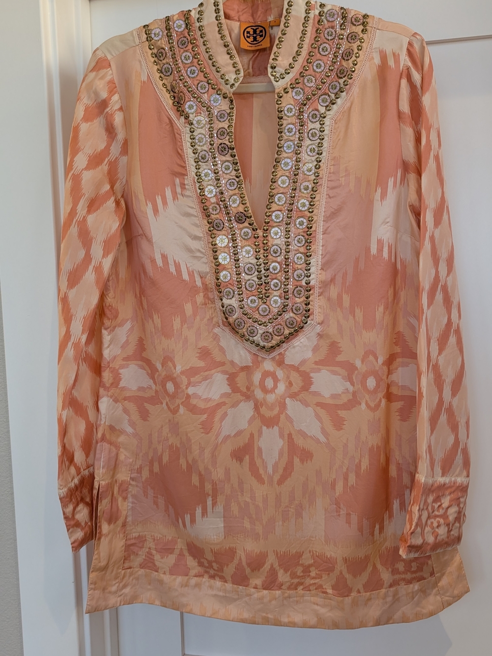 Tory Burch Peach Embellished V-Neck Tunic Top